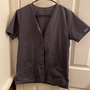 Cherokee Workwear Short Sleeve Scrub Button Up Jacket Top Pewter Grey